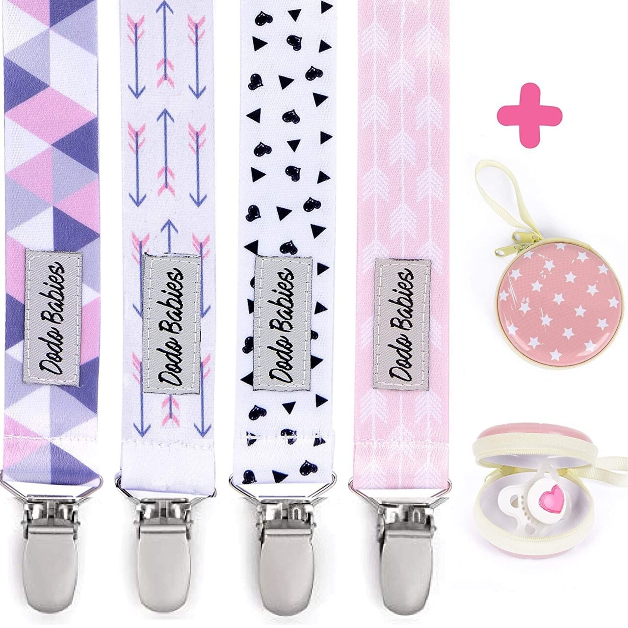 Pacifier Clip by Dodo Babies Pack of 4 + Pacifier Case, Premium Quality for Girls Modern Designs Universal Holder Leash for Pacifiers, Teething Toy or Soothe